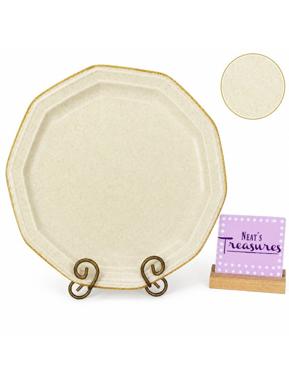 80's Mikasa AVANTE IVORY FE900 Rim Shape Tan Trim Stoneware Round 12.75" Platter